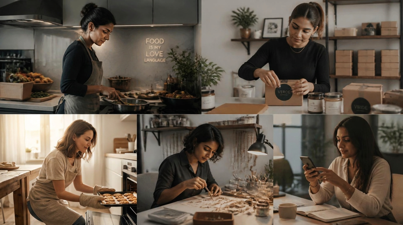 Women across India and the United States cooking, packaging, teaching, designing and operating from home