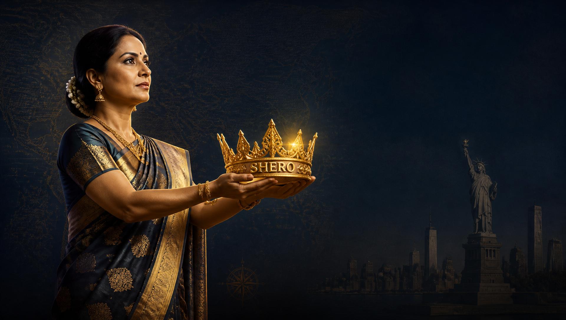 Indian homemaker in a traditional saree handing over the Shero crown toward the United States